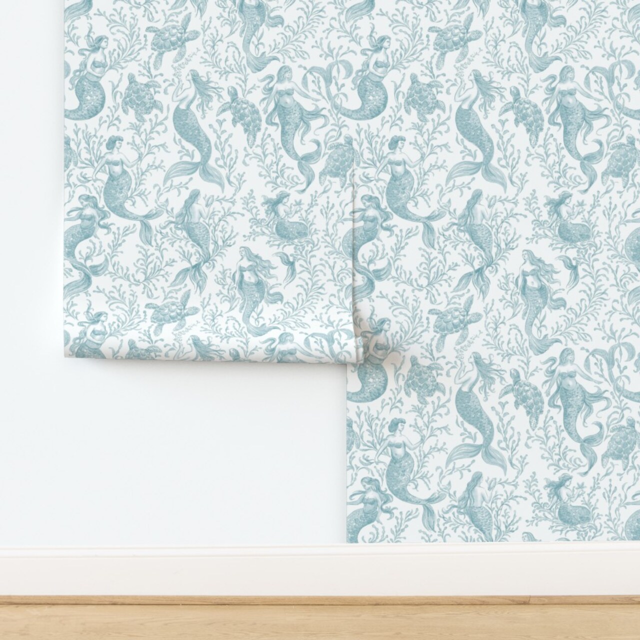 Underwater Ocean Nautical Summer Sea Turtles Mermaids Seafoam Coastal Toile De Jouy Custom Pre-pasted Wallpaper by Spoonflower Pre-Pasted Wallpaper 2FT Wide